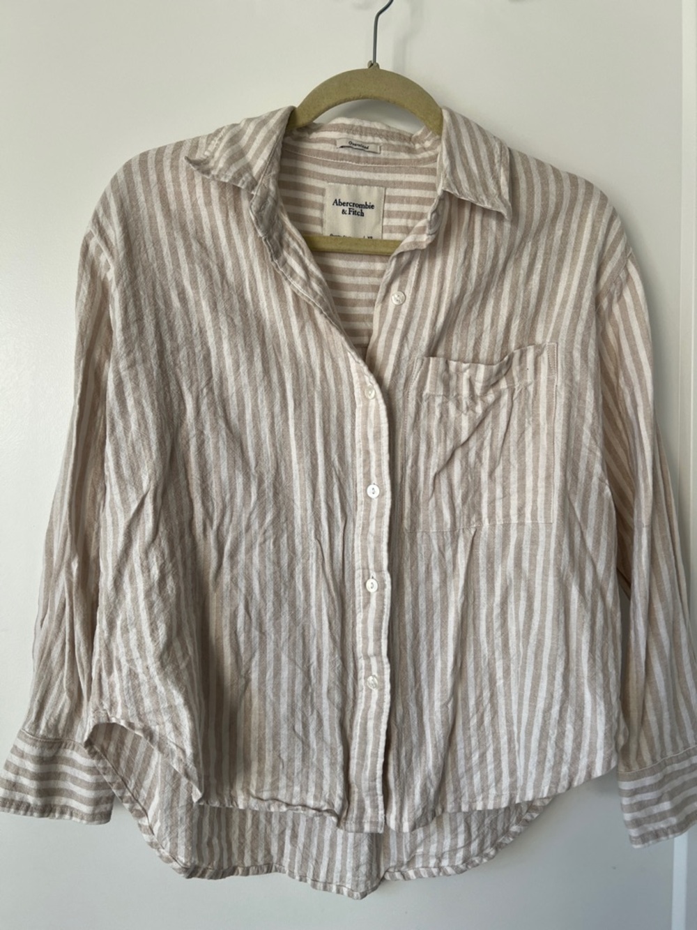 Abercrombie & Fitch Linen Blend Beige and White Striped Button-Down Shirt